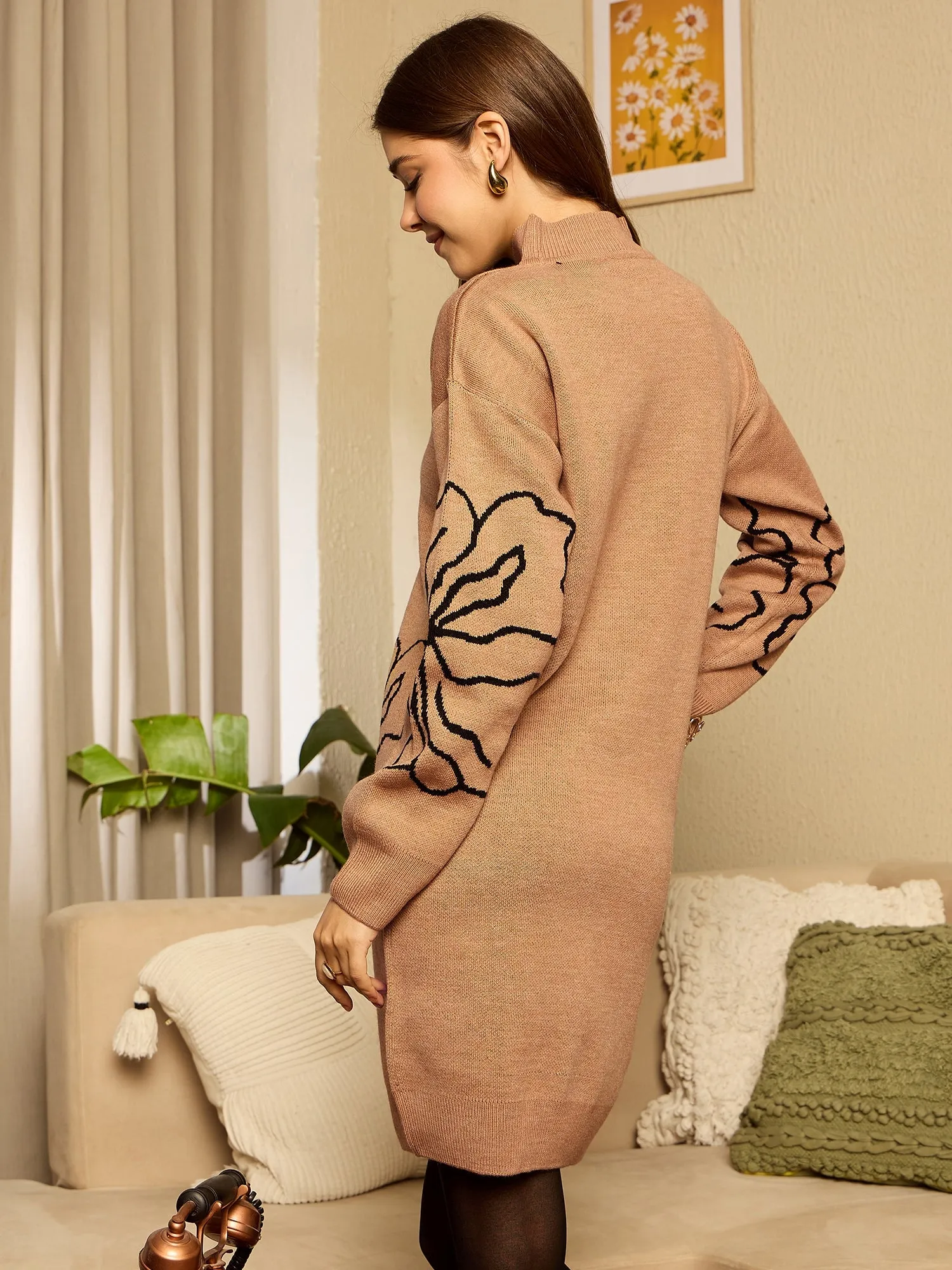 Berrylush Women Beige Floral Print High Neck Full Sleeve Longline Knitted Pullover