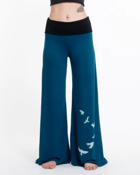 Birds Spandex Wide Leg Palazzo Pants in Turquoise