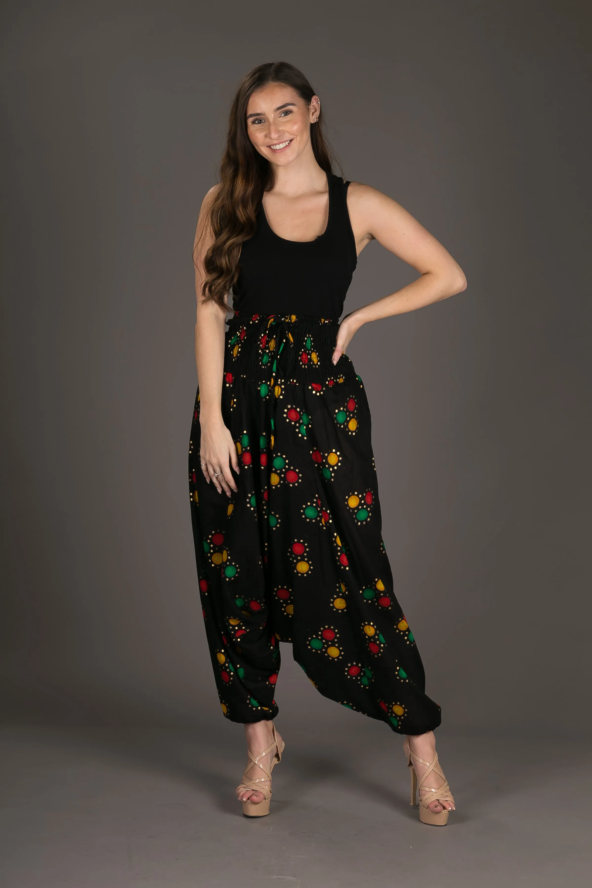 Black Print Cotton Harem Yoga Jumpsuit Pants