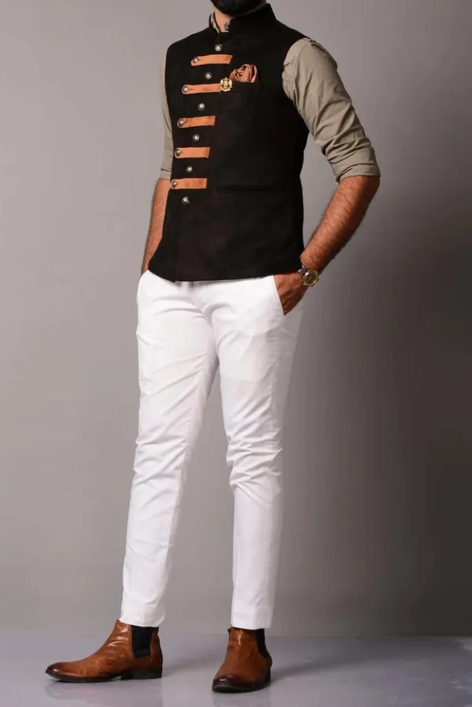 Black Suede Leather Cross Breasted Half Jacket Jodhpuri Wedding Jackets