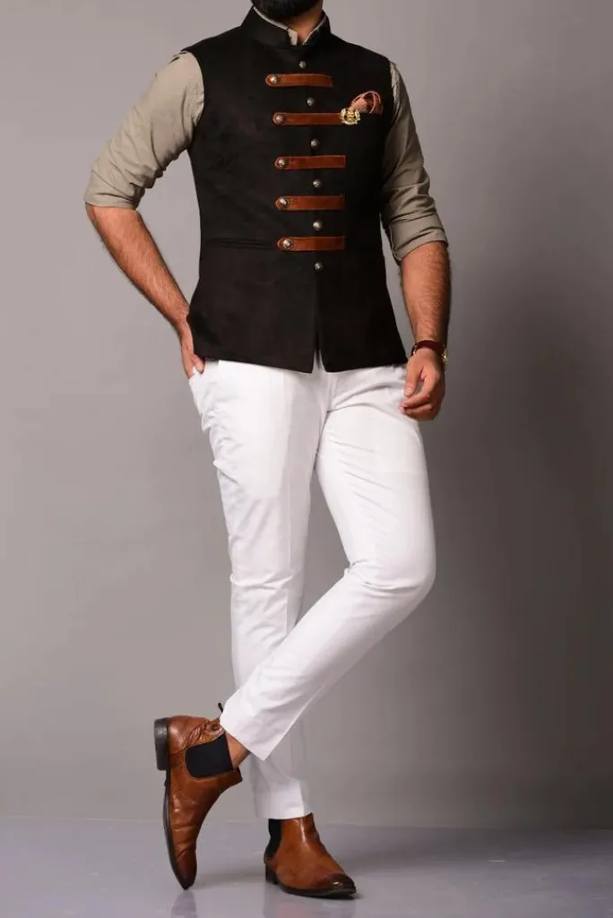 Black Suede Leather Cross Breasted Half Jacket Jodhpuri Wedding Jackets