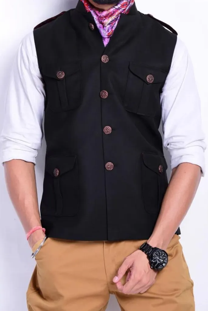 Black Tweed Half Hunting Style Nehru Jacket For Men Sleeveless Jacket Wedding & Party Jacket Festivals Jackets