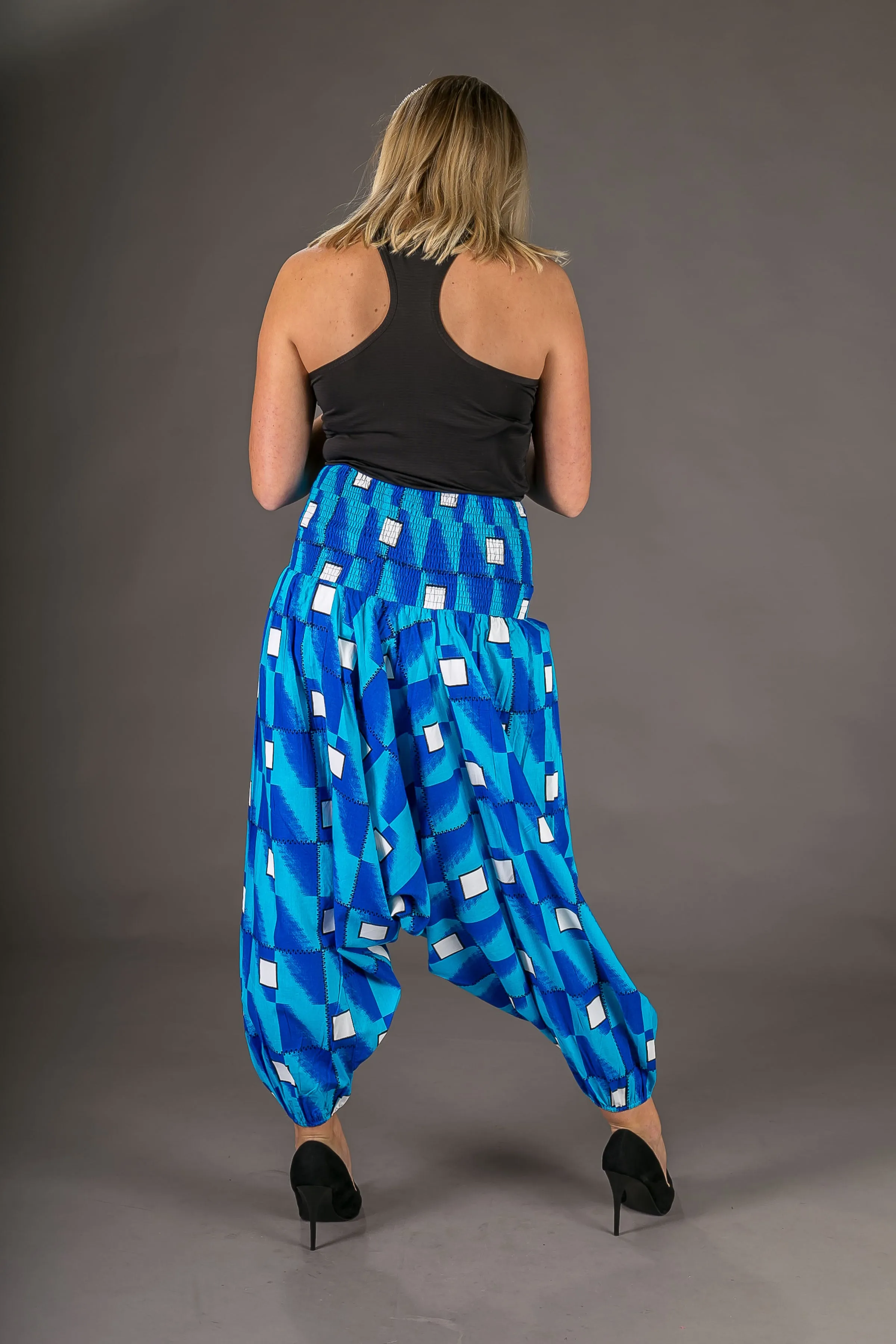 Blue White Print Cotton Harem Yoga Jumpsuit Pants