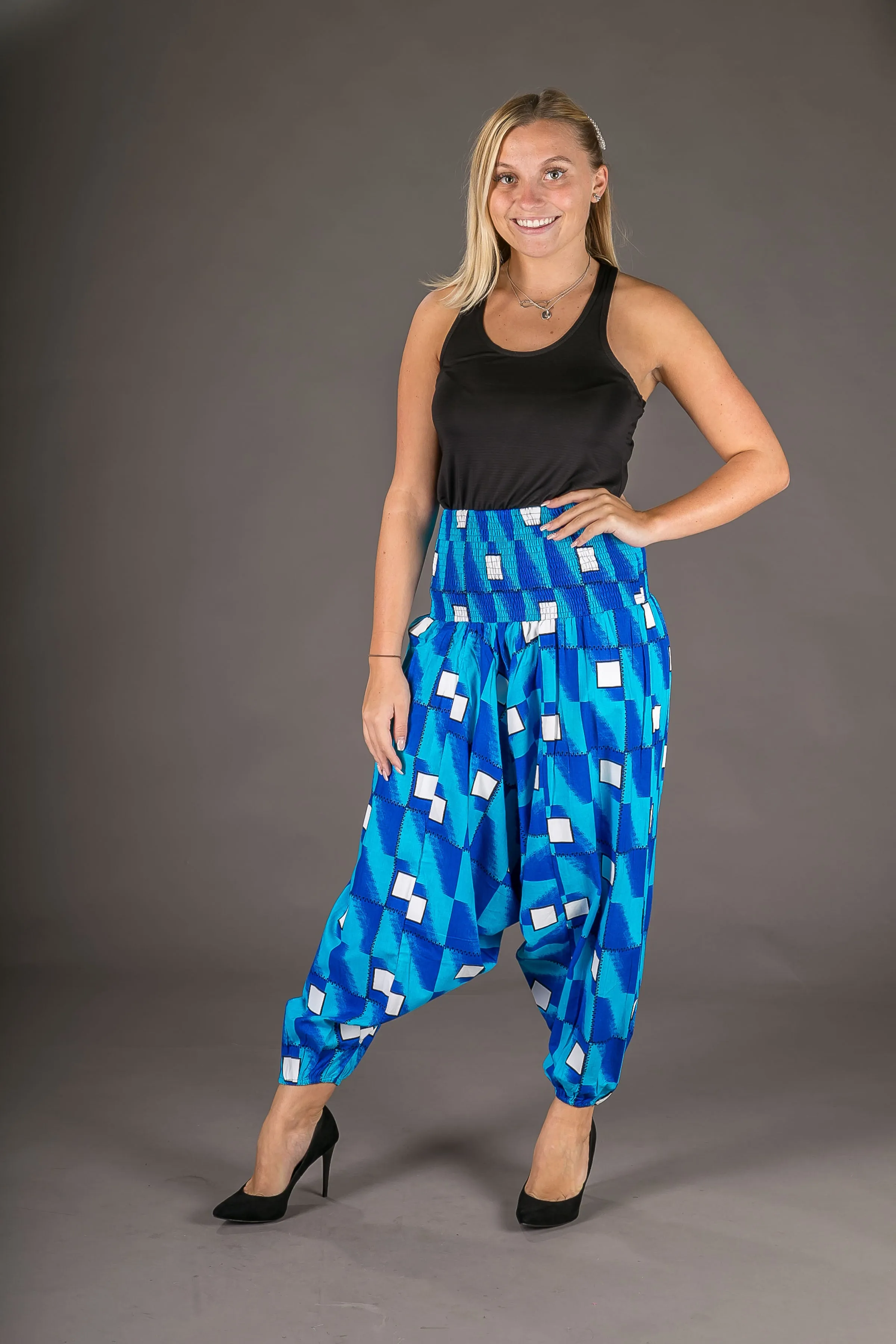 Blue White Print Cotton Harem Yoga Jumpsuit Pants