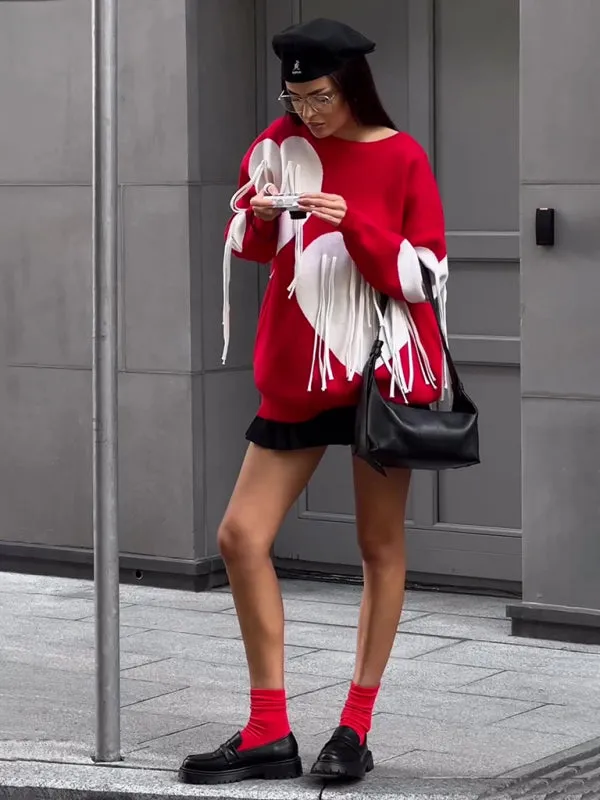 Comfy Fringe Tassel Sweater with Heart Print