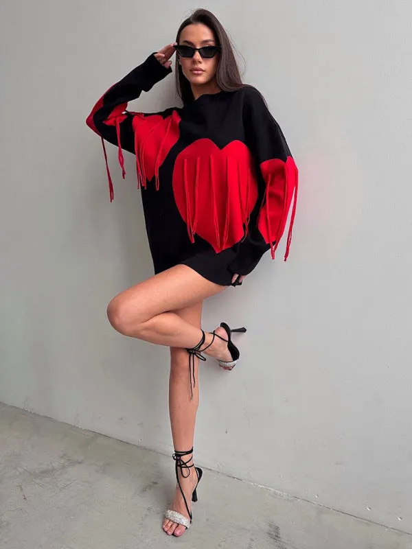 Comfy Fringe Tassel Sweater with Heart Print