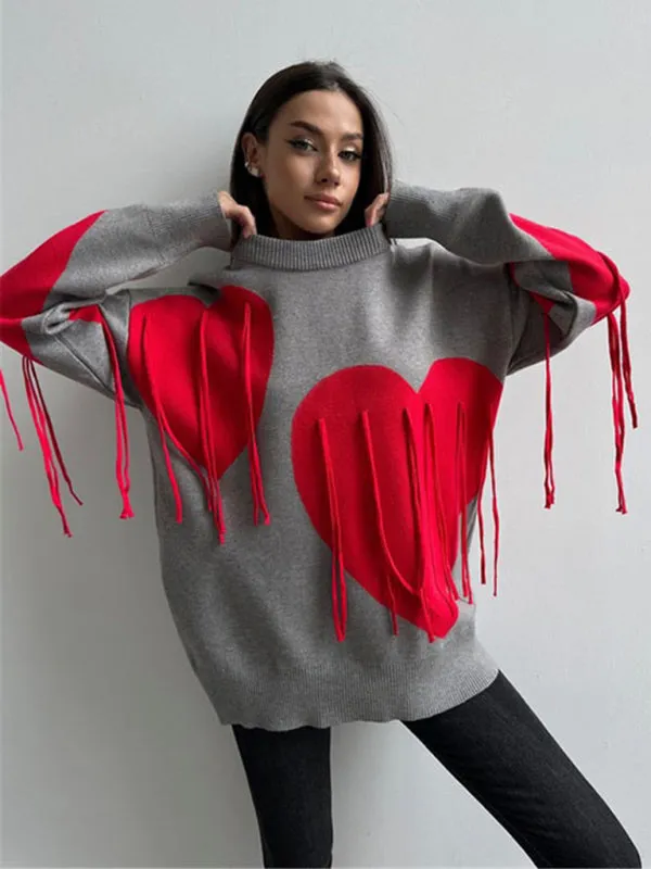 Comfy Fringe Tassel Sweater with Heart Print