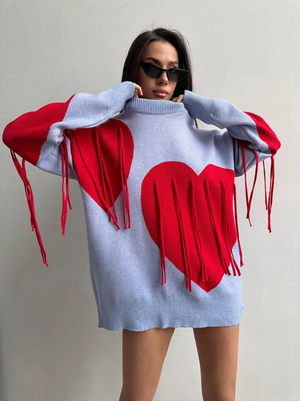 Comfy Fringe Tassel Sweater with Heart Print