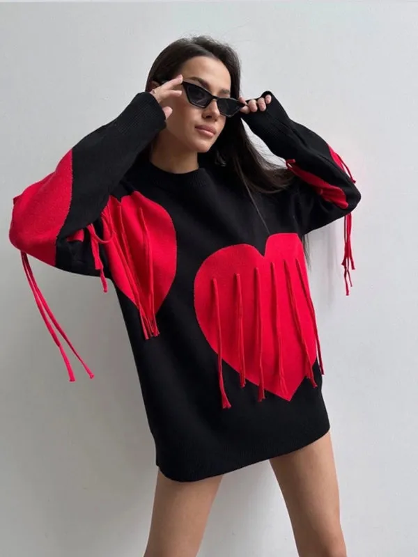 Comfy Fringe Tassel Sweater with Heart Print