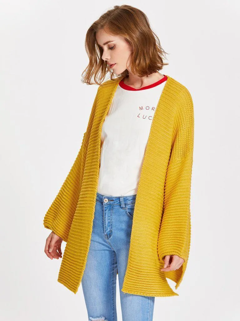 Drop Shoulder Lantern Sleeve Slit Textured Cardigan