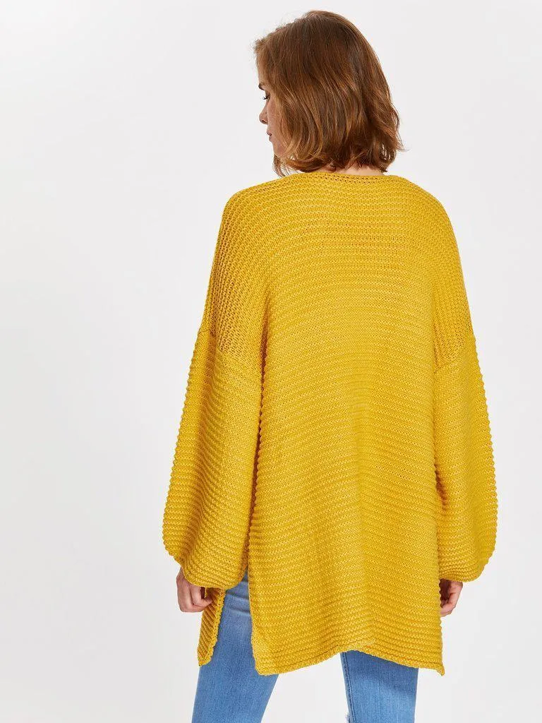 Drop Shoulder Lantern Sleeve Slit Textured Cardigan