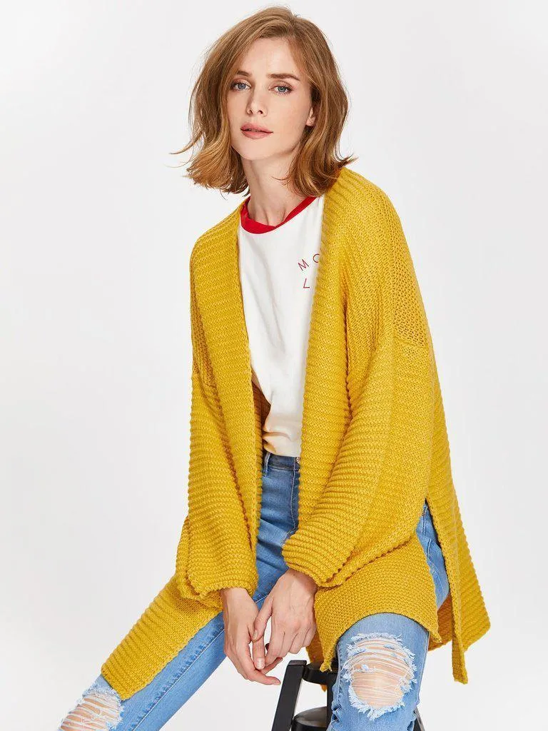 Drop Shoulder Lantern Sleeve Slit Textured Cardigan