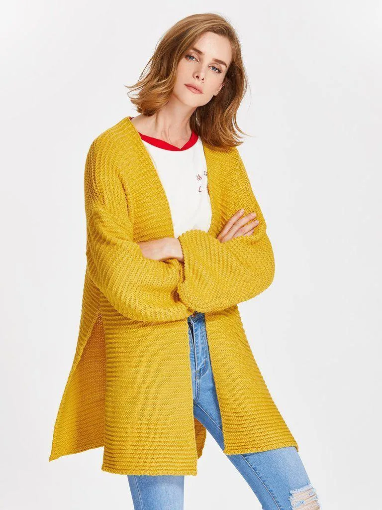 Drop Shoulder Lantern Sleeve Slit Textured Cardigan