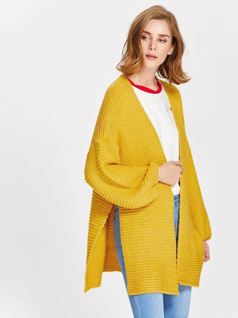 Drop Shoulder Lantern Sleeve Slit Textured Cardigan