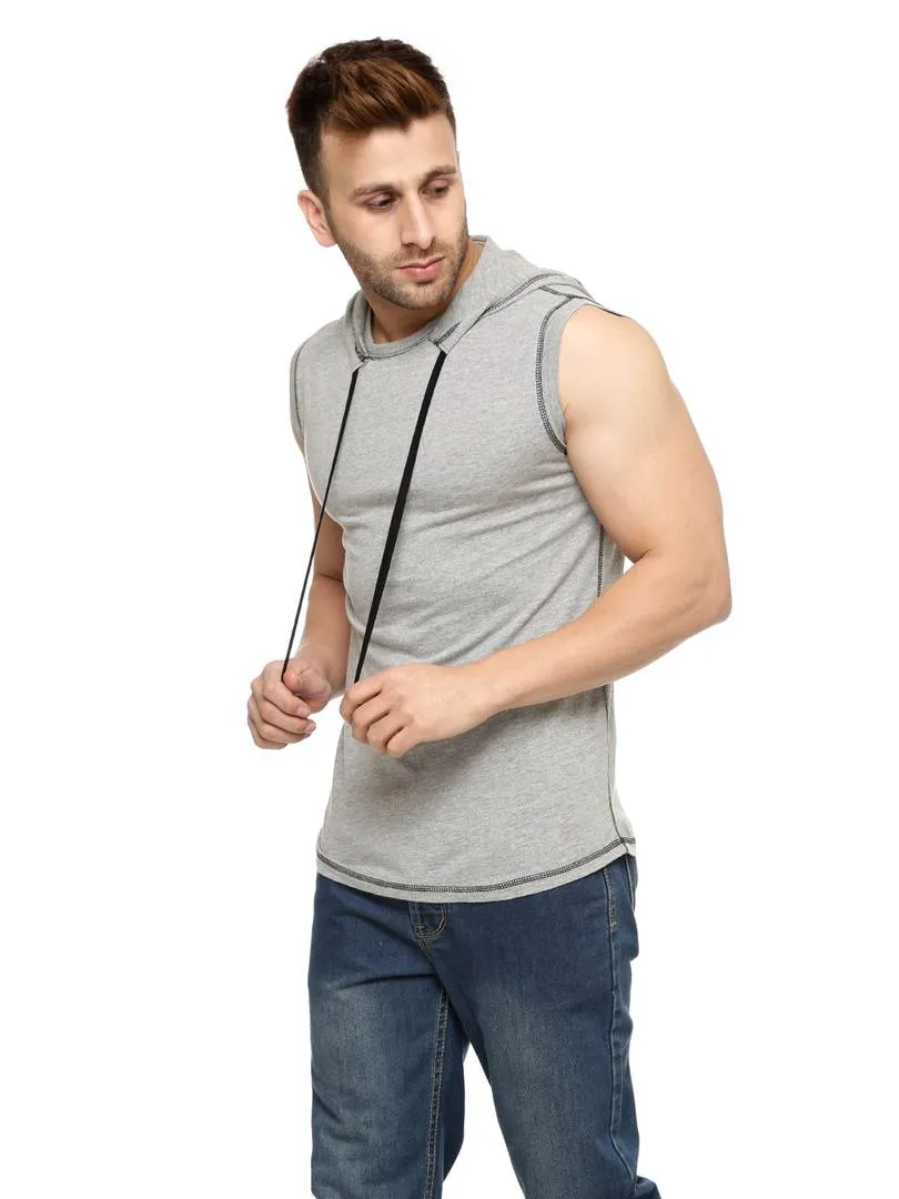 Grey Cotton Solid Hooded Tees