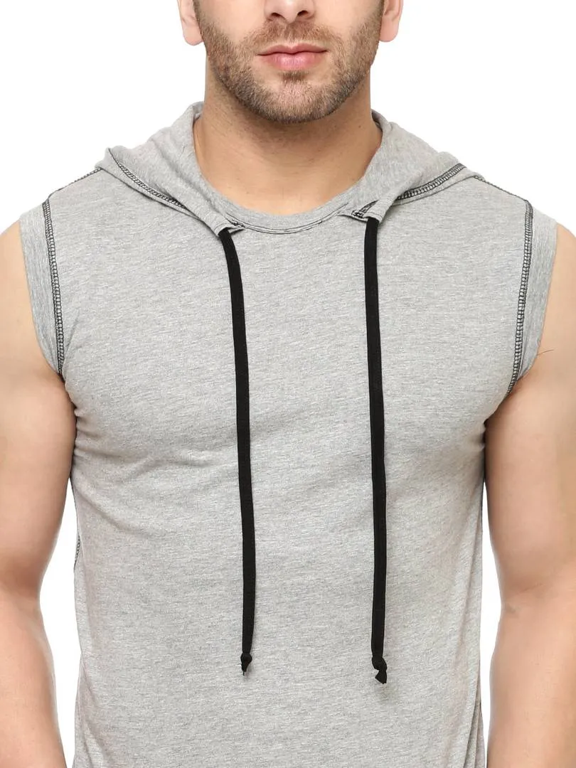 Grey Cotton Solid Hooded Tees