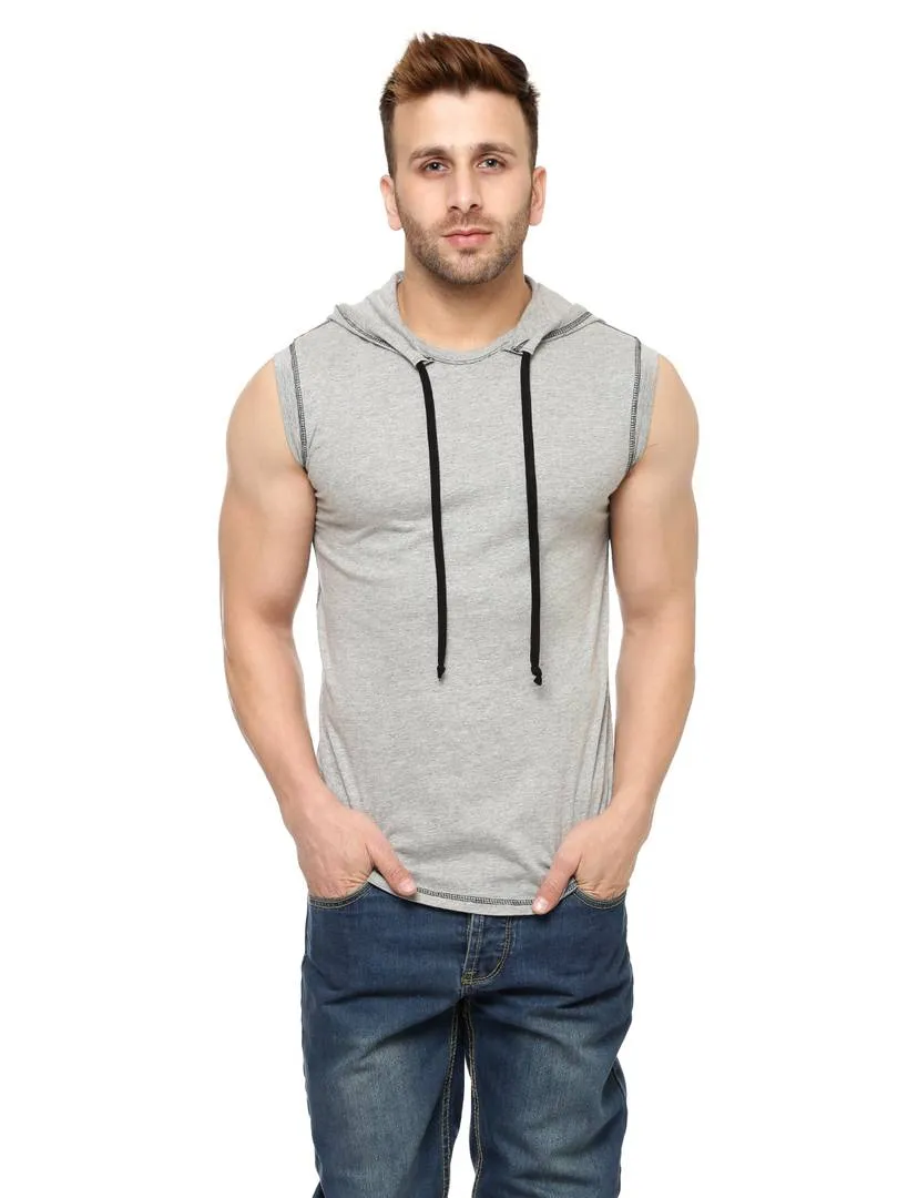 Grey Cotton Solid Hooded Tees