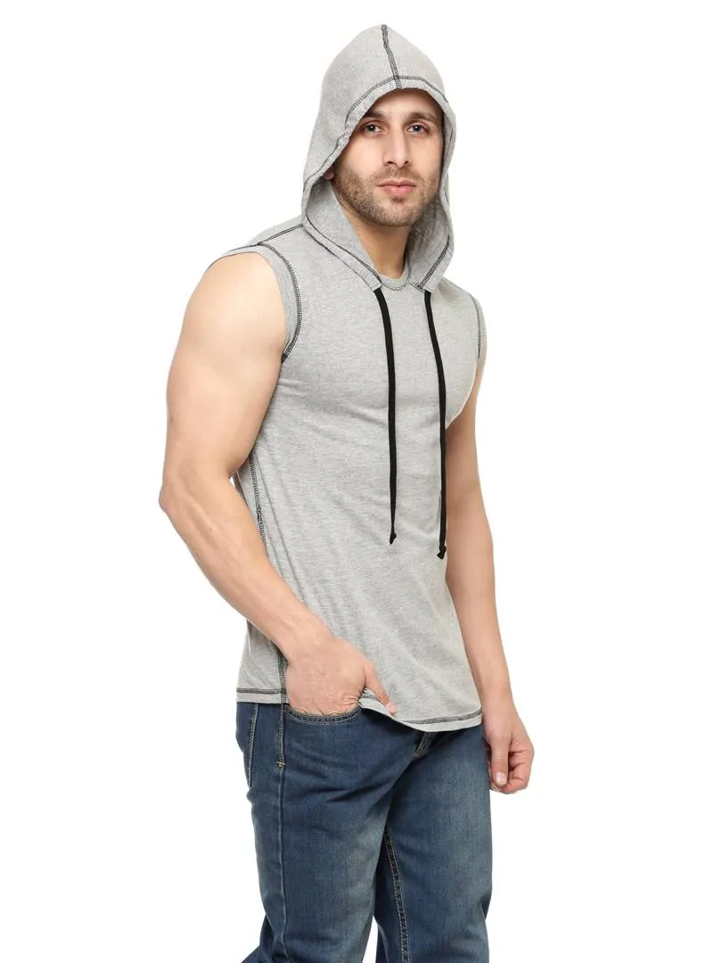 Grey Cotton Solid Hooded Tees