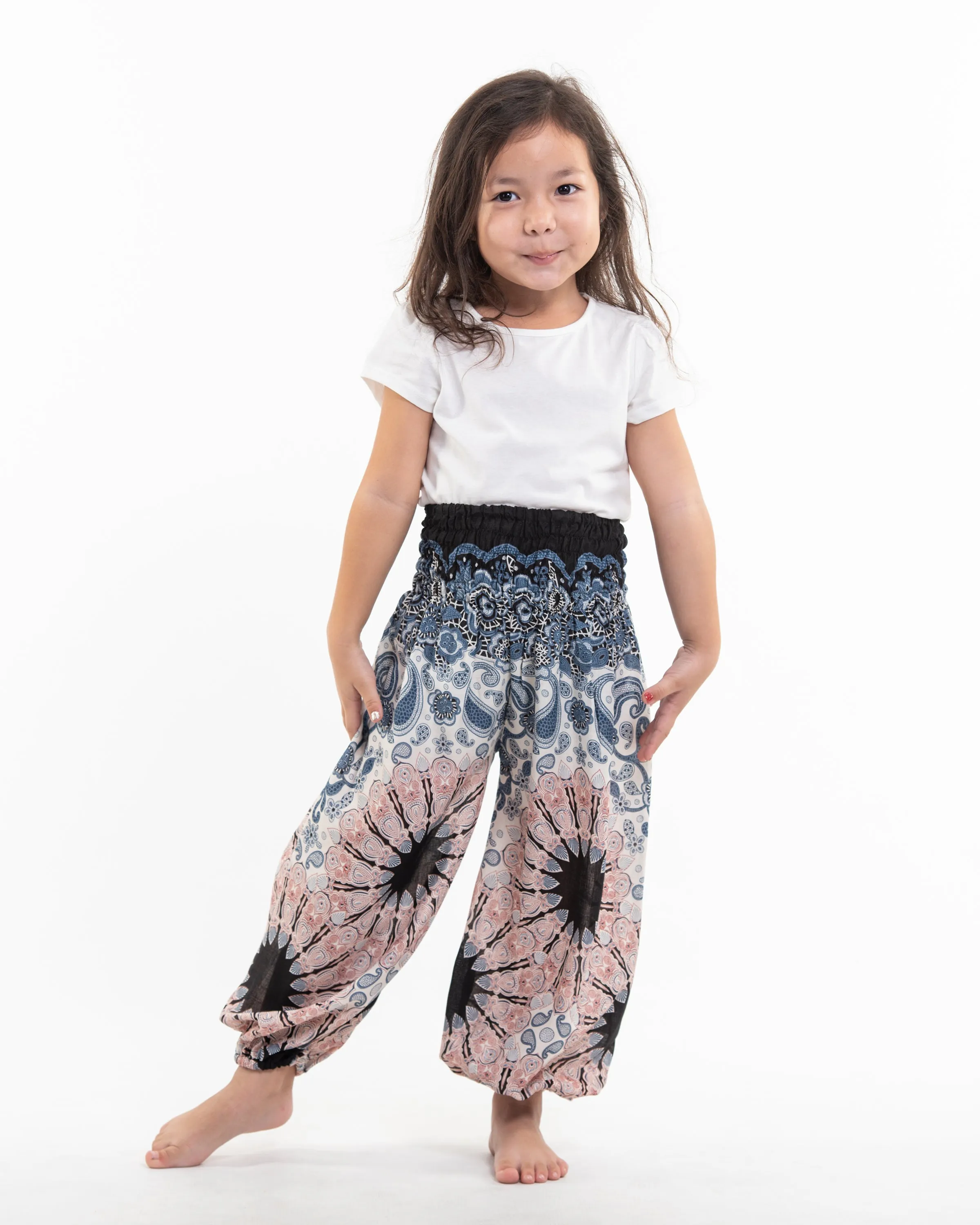 Kids Paisley Mandalas Harem Pants in Silver Gray