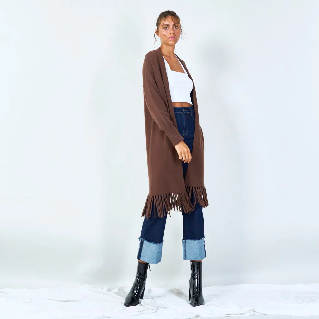 Long knit cardigan with fringe hem wholesale