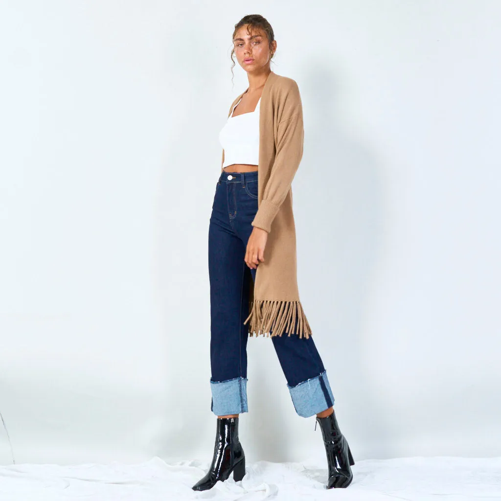 Long knit cardigan with fringe hem wholesale