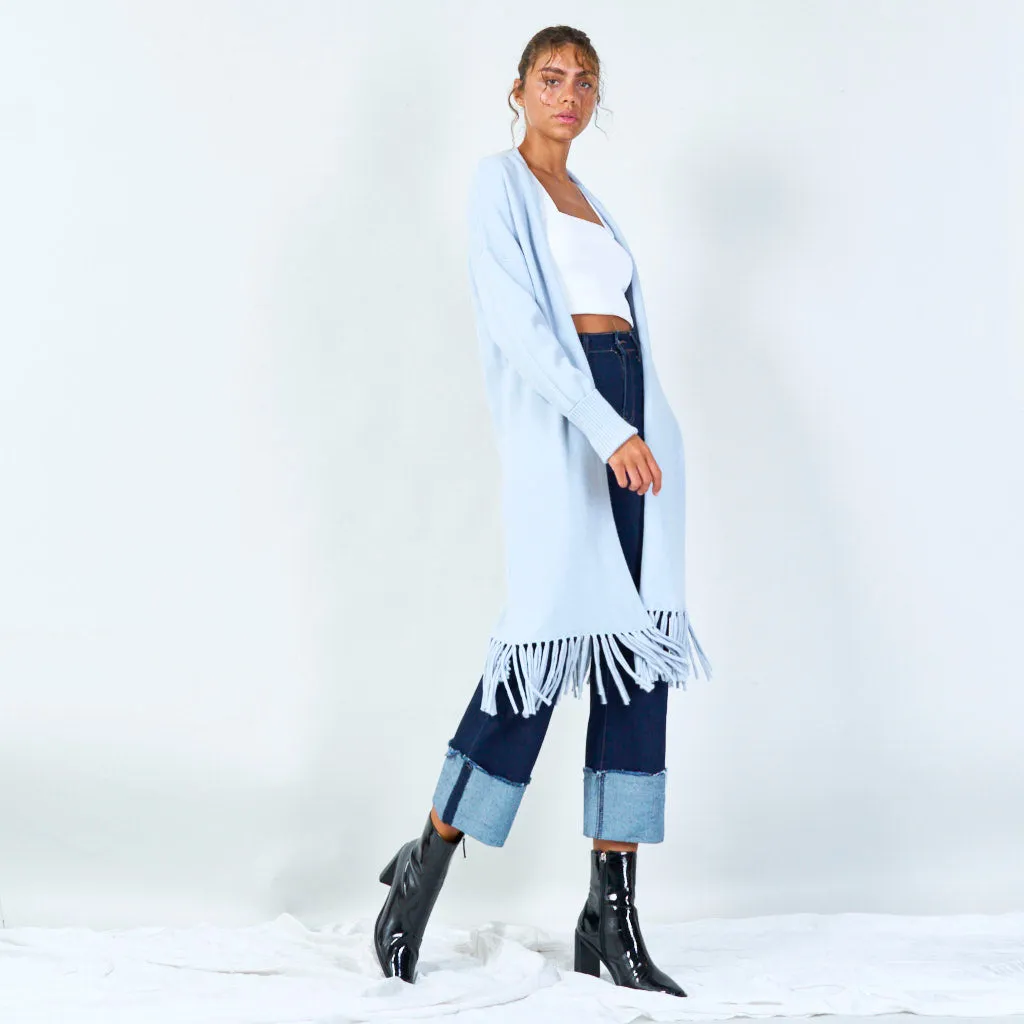 Long knit cardigan with fringe hem wholesale