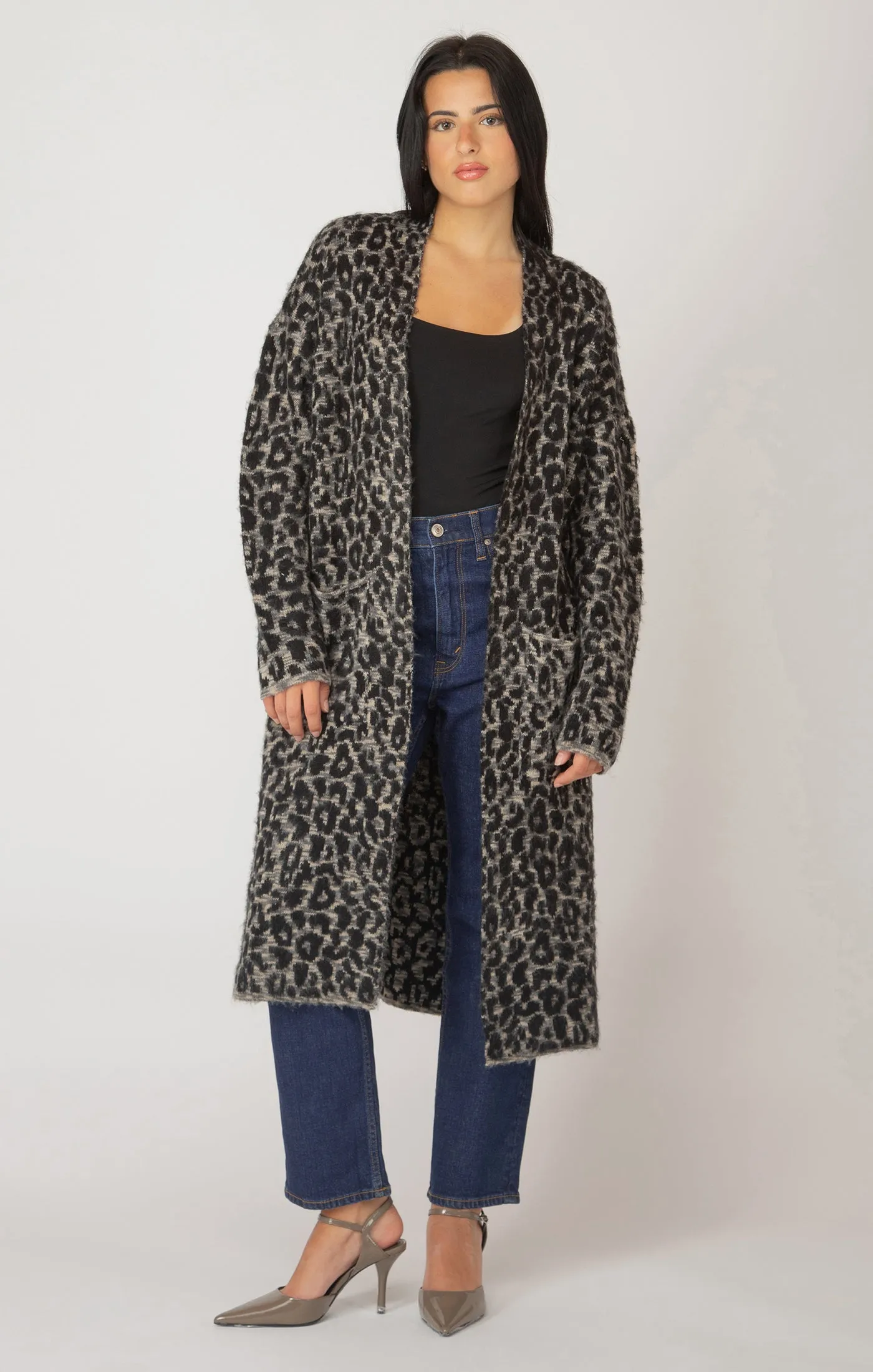 Longline Open Cardigan | Leopard Jacquard