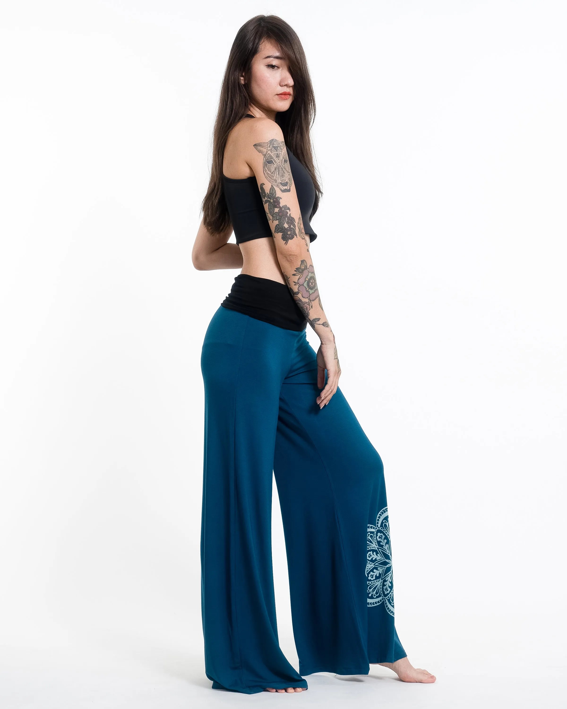 Mandala Spandex Wide Leg Palazzo Pants in Turquoise