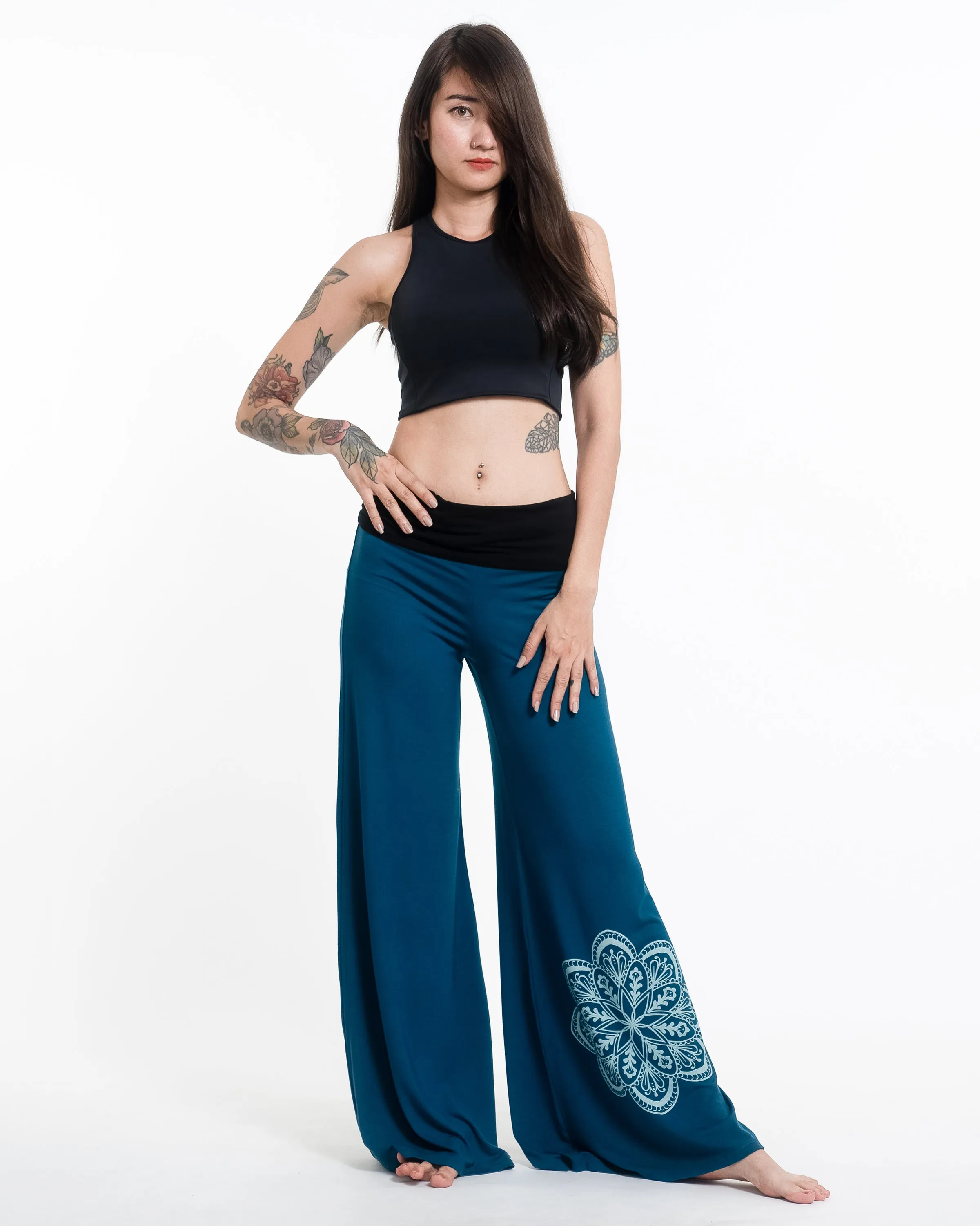 Mandala Spandex Wide Leg Palazzo Pants in Turquoise