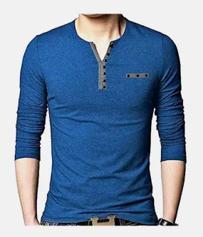 Men's Blue Cotton Solid Henley Tees