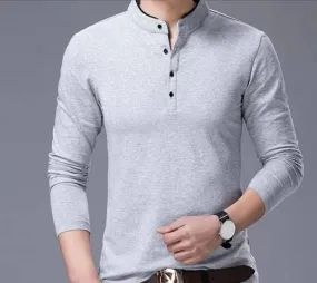 Men's Grey Cotton Solid Mandarin Tees