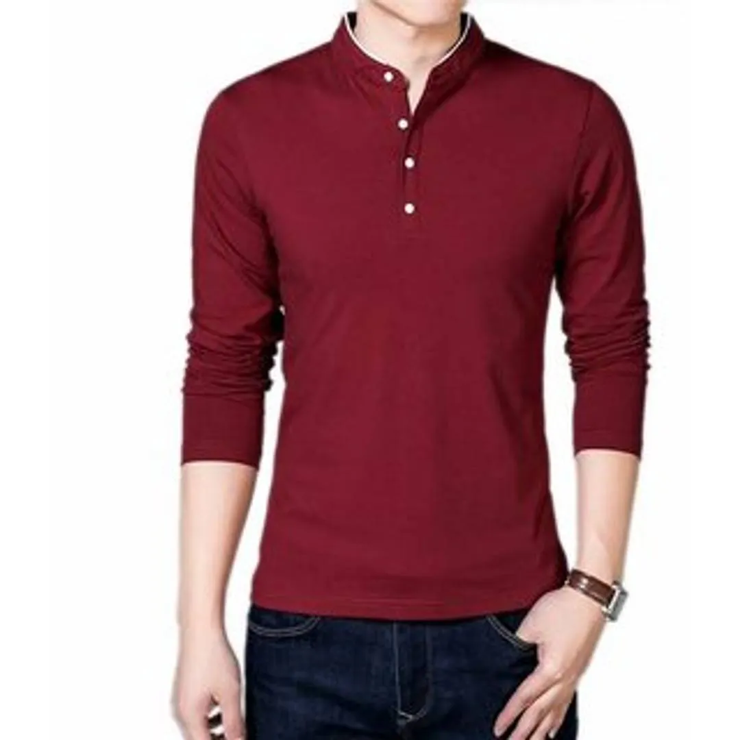 Men's Maroon Cotton Solid Mandarin Tees