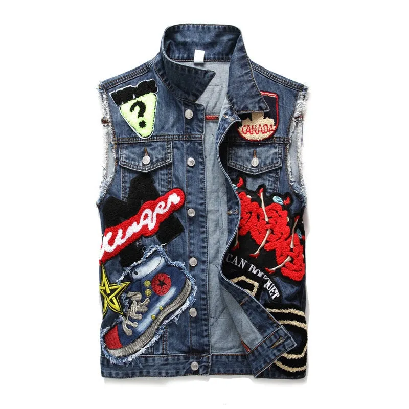 Mens Punk Denim Vests Skull Embroidery Waistcoat Slim Fit Jeans Sleeveless Jacket