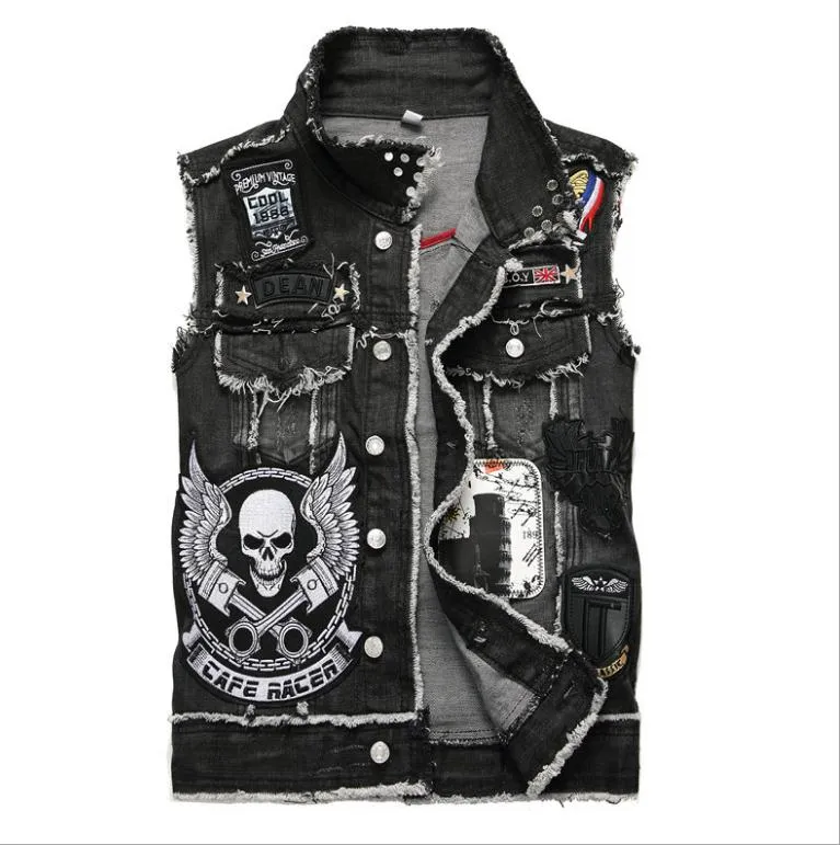 Mens Punk Denim Vests Skull Embroidery Waistcoat Slim Fit Jeans Sleeveless Jacket