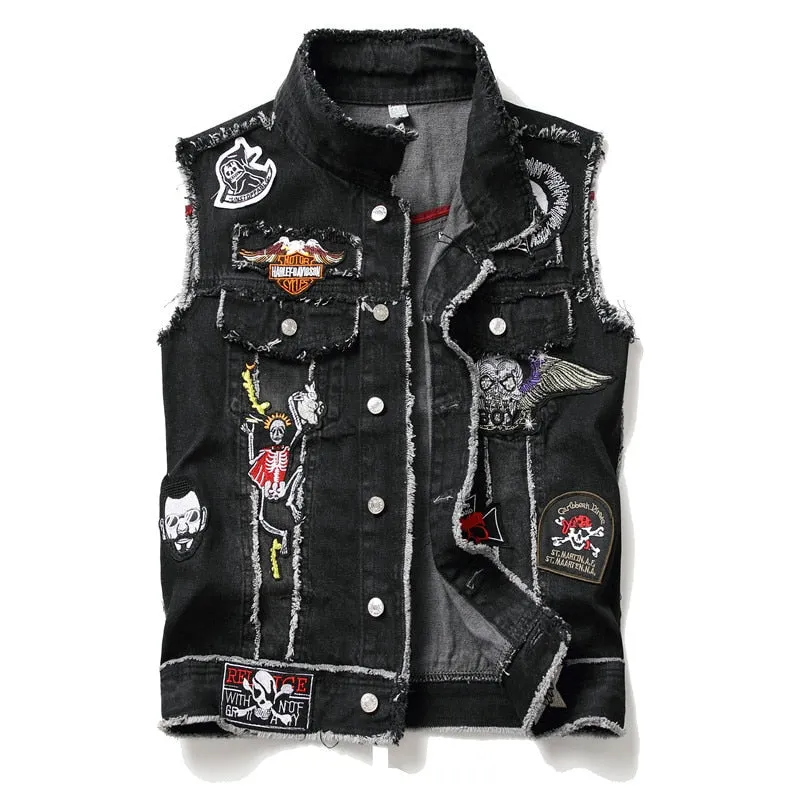 Mens Punk Denim Vests Skull Embroidery Waistcoat Slim Fit Jeans Sleeveless Jacket