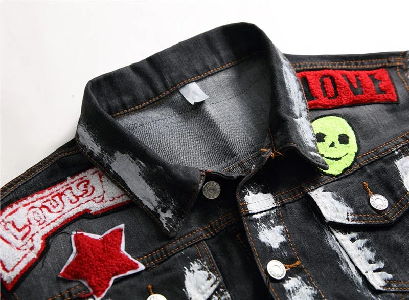 Mens Punk Denim Vests Skull Embroidery Waistcoat Slim Fit Jeans Sleeveless Jacket