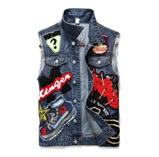 Mens Punk Denim Vests Skull Embroidery Waistcoat Slim Fit Jeans Sleeveless Jacket