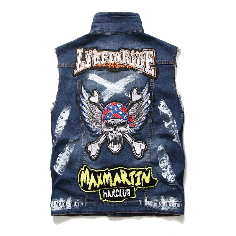 Mens Punk Denim Vests Skull Embroidery Waistcoat Slim Fit Jeans Sleeveless Jacket