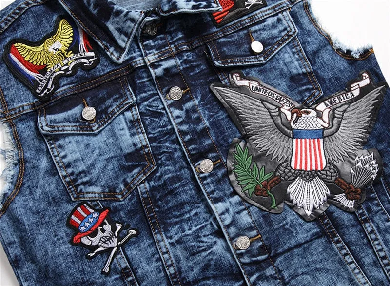 Mens Punk Denim Vests Skull Embroidery Waistcoat Slim Fit Jeans Sleeveless Jacket