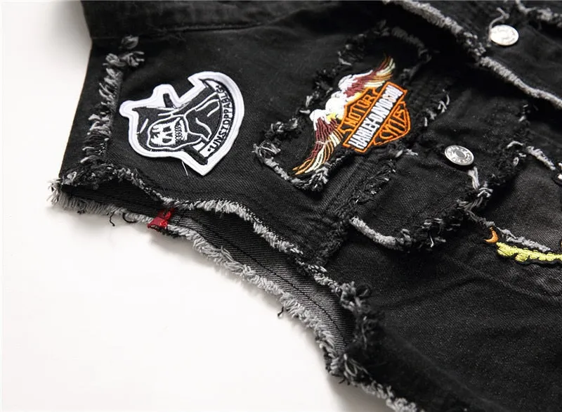 Mens Punk Denim Vests Skull Embroidery Waistcoat Slim Fit Jeans Sleeveless Jacket