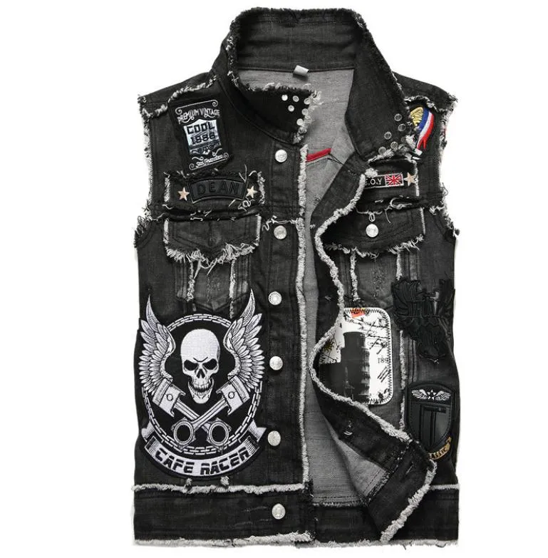 Mens Punk Denim Vests Skull Embroidery Waistcoat Slim Fit Jeans Sleeveless Jacket