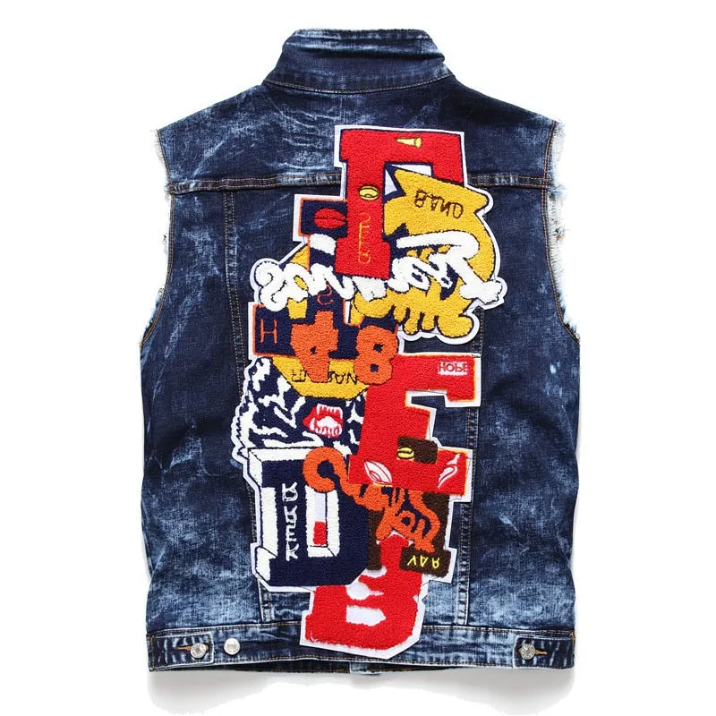 Mens Punk Denim Vests Skull Embroidery Waistcoat Slim Fit Jeans Sleeveless Jacket