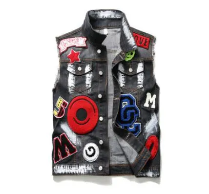 Mens Punk Denim Vests Skull Embroidery Waistcoat Slim Fit Jeans Sleeveless Jacket