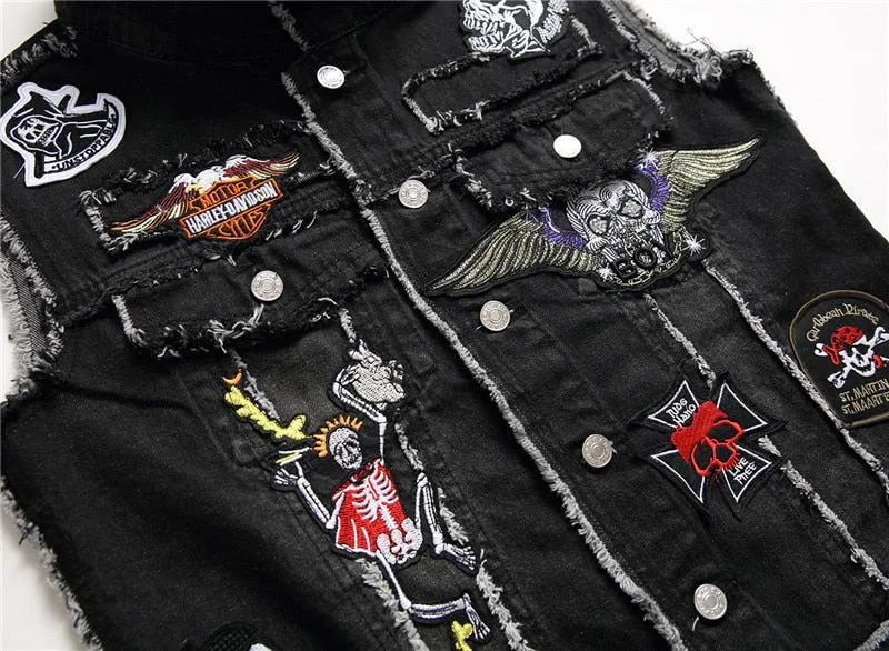 Mens Punk Denim Vests Skull Embroidery Waistcoat Slim Fit Jeans Sleeveless Jacket