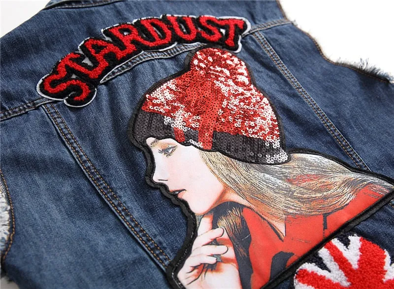 Mens Punk Denim Vests Skull Embroidery Waistcoat Slim Fit Jeans Sleeveless Jacket