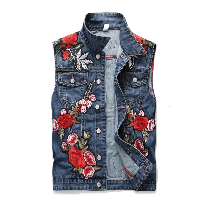 Mens Punk Denim Vests Skull Embroidery Waistcoat Slim Fit Jeans Sleeveless Jacket