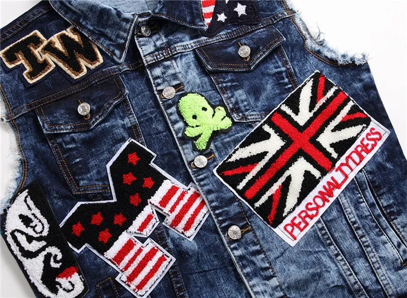 Mens Punk Denim Vests Skull Embroidery Waistcoat Slim Fit Jeans Sleeveless Jacket