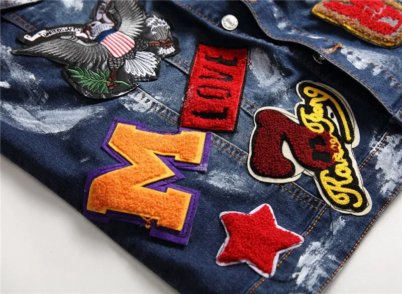 Mens Punk Denim Vests Skull Embroidery Waistcoat Slim Fit Jeans Sleeveless Jacket