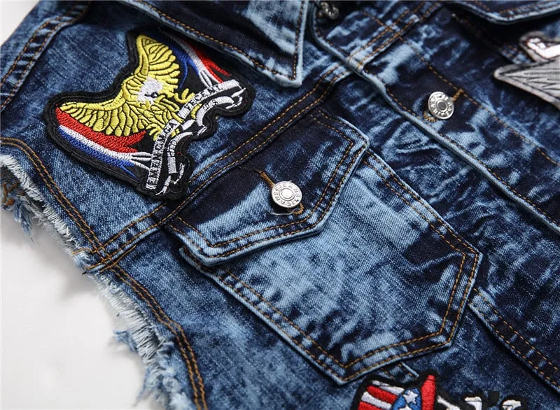 Mens Punk Denim Vests Skull Embroidery Waistcoat Slim Fit Jeans Sleeveless Jacket