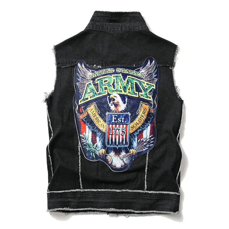 Mens Punk Denim Vests Skull Embroidery Waistcoat Slim Fit Jeans Sleeveless Jacket